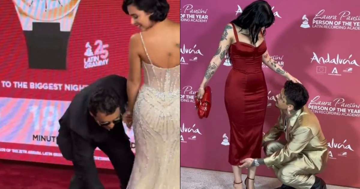 Repite Christian Nodal con Ángela Aguilar el gesto con el vestido que tuvo con Cazzu
