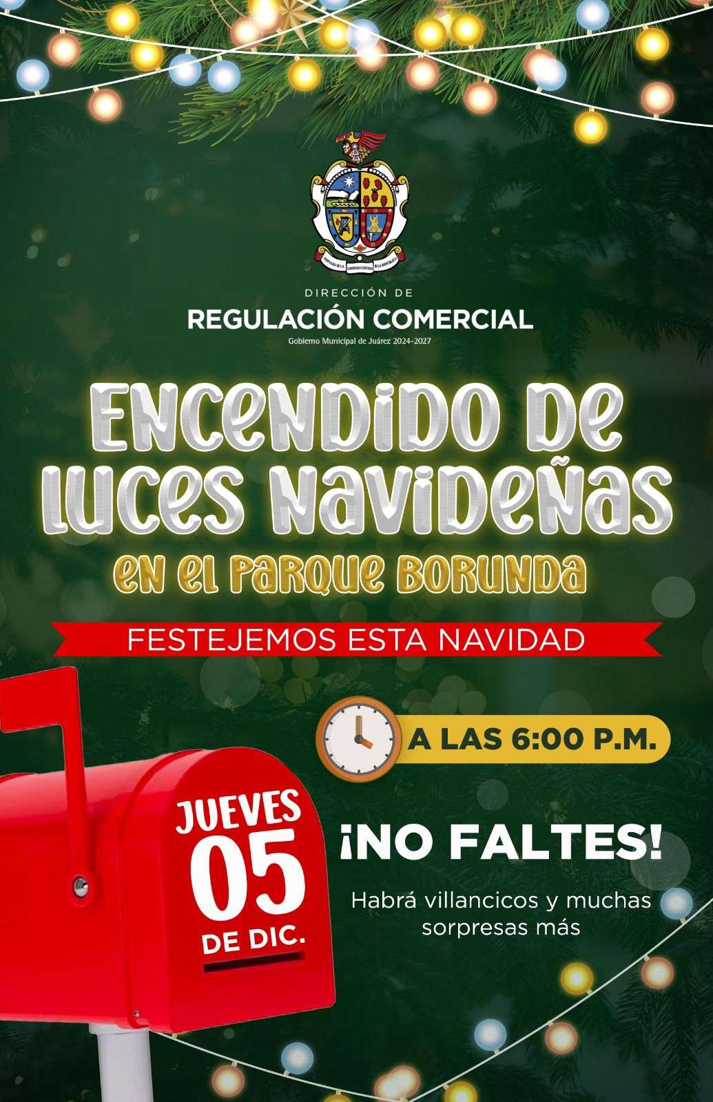 Realizarán encendido de luces navideñas en el Parque Borunda 