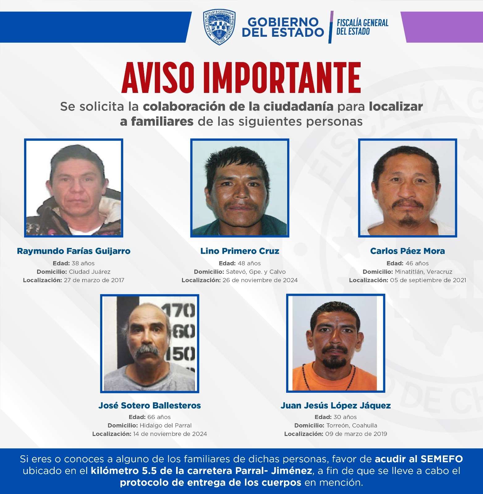 Buscan a familiares de fallecidos; están en el Semefo de Parral