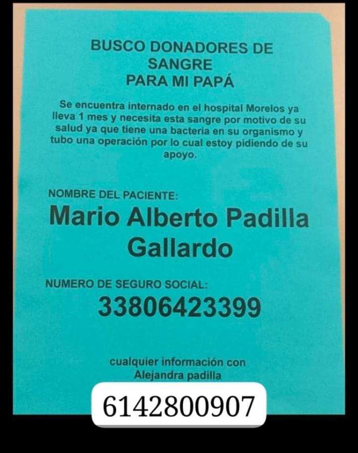 Buscan donadores de sangre para Mario Padilla Gallardo 