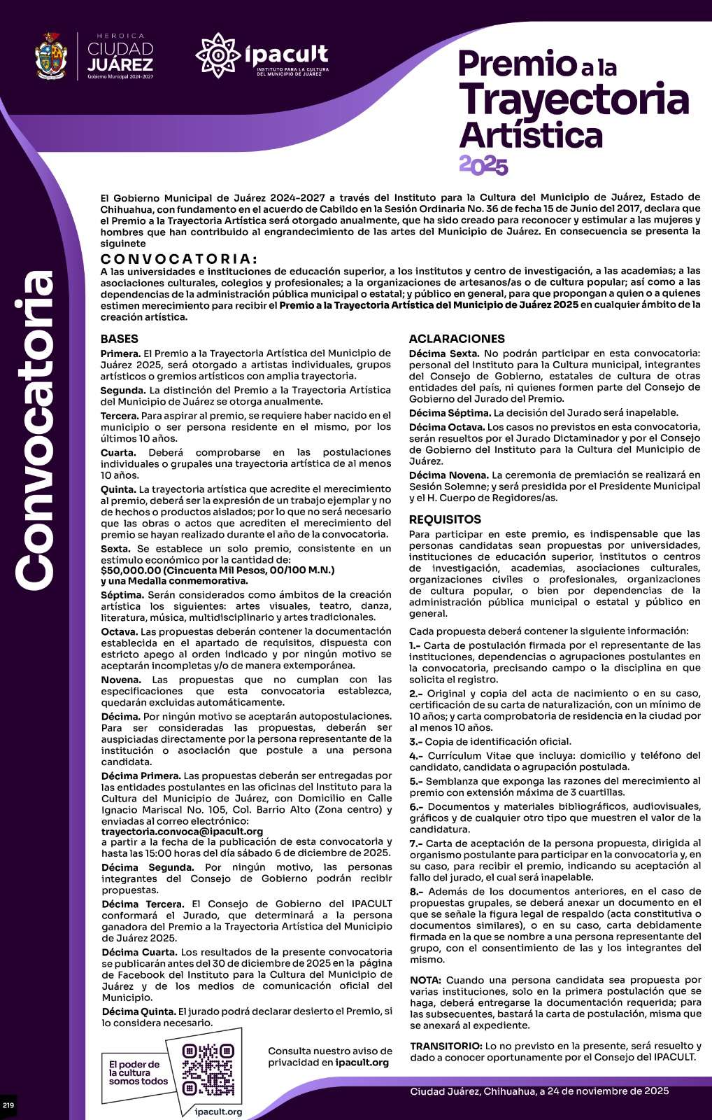 Lanzan convocatoria para el Premio a la Trayectoria Artística 2025