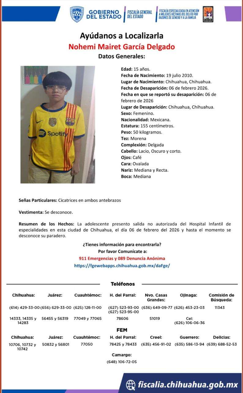 Buscan a menor desaparecida; salió sin permiso de Hospital Infantil