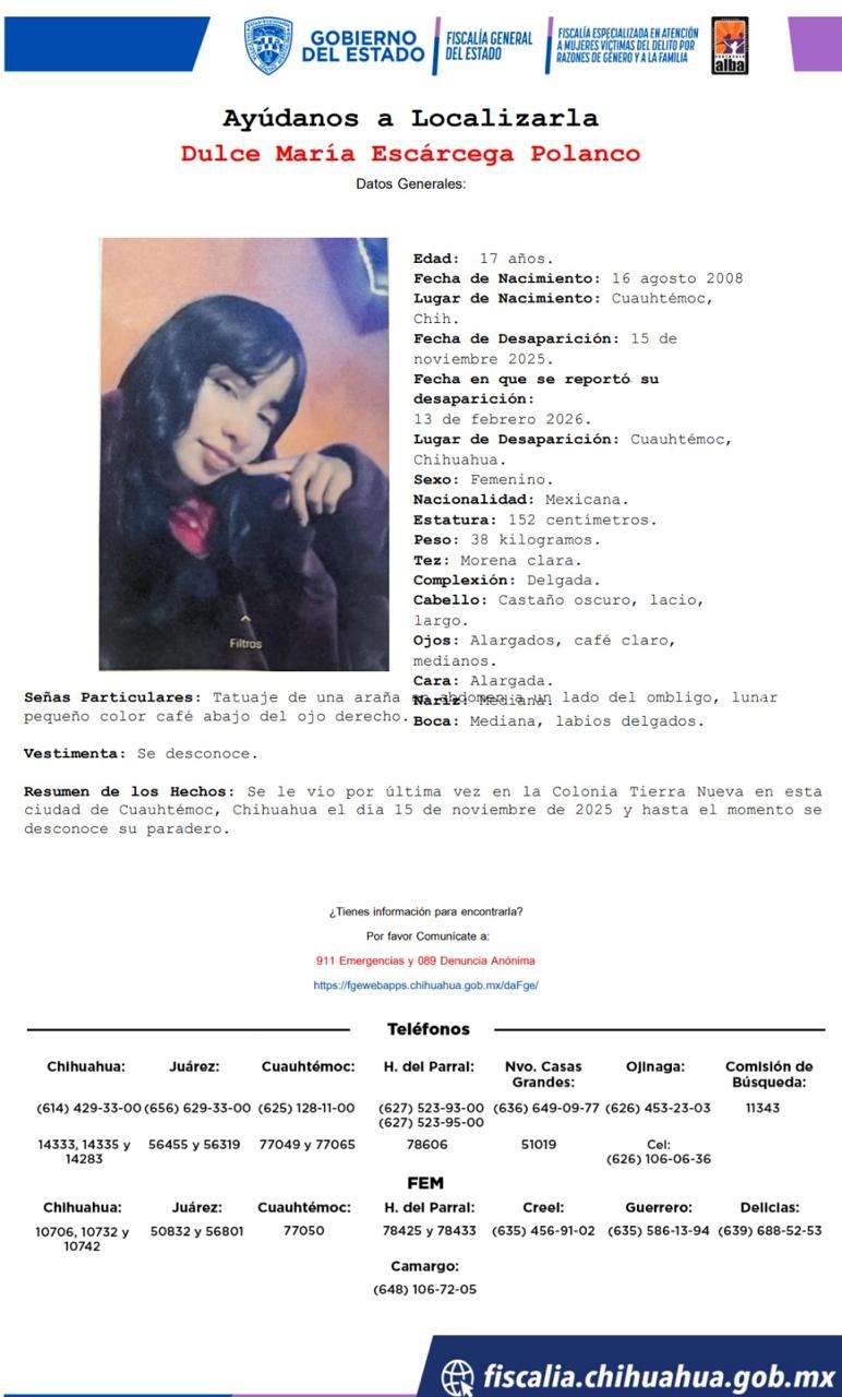 Buscan a jovencita desaparecida en ciudad Cuauhtémoc