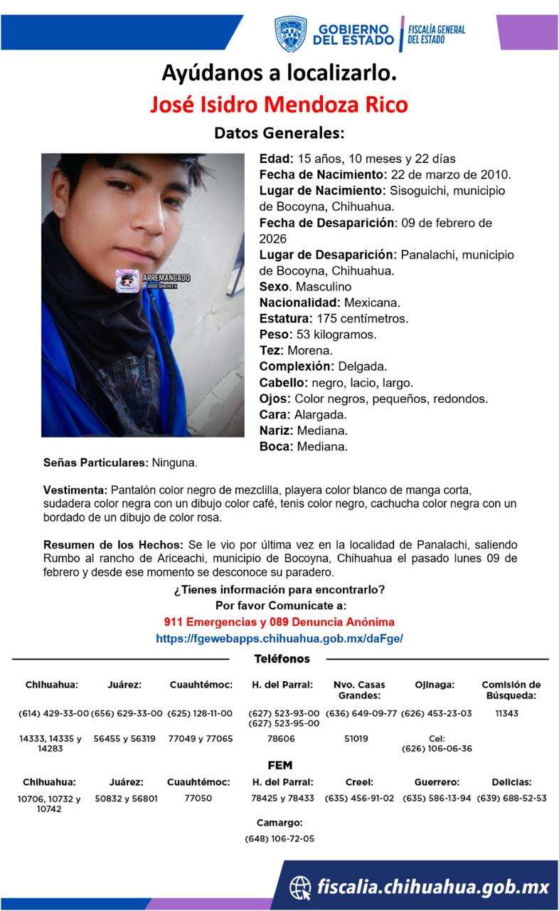 Desaparece joven de 15 años en localidad de Bocoyna