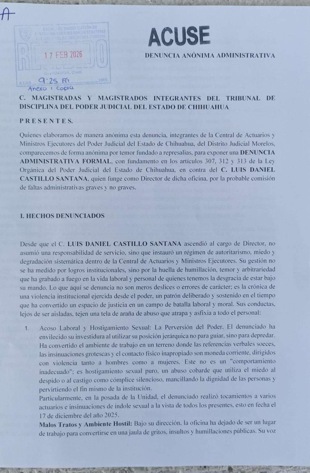Piden remoción del Jefe de la Central de Actuarios por hostigamiento