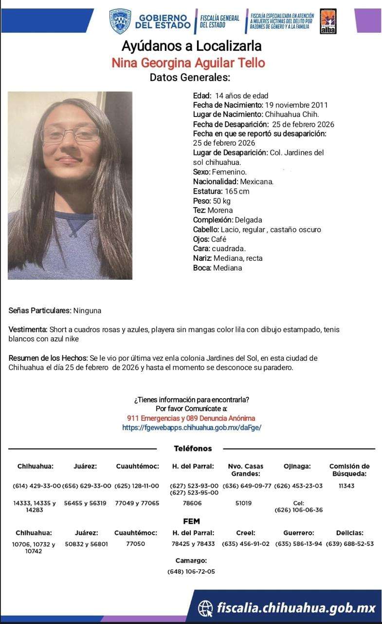 Buscan a jovencita de 14 años desaparecida en Jardines del Sol