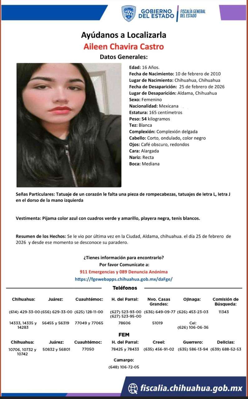 Buscan a jovencita de 16 años desaparecida en Aldama 