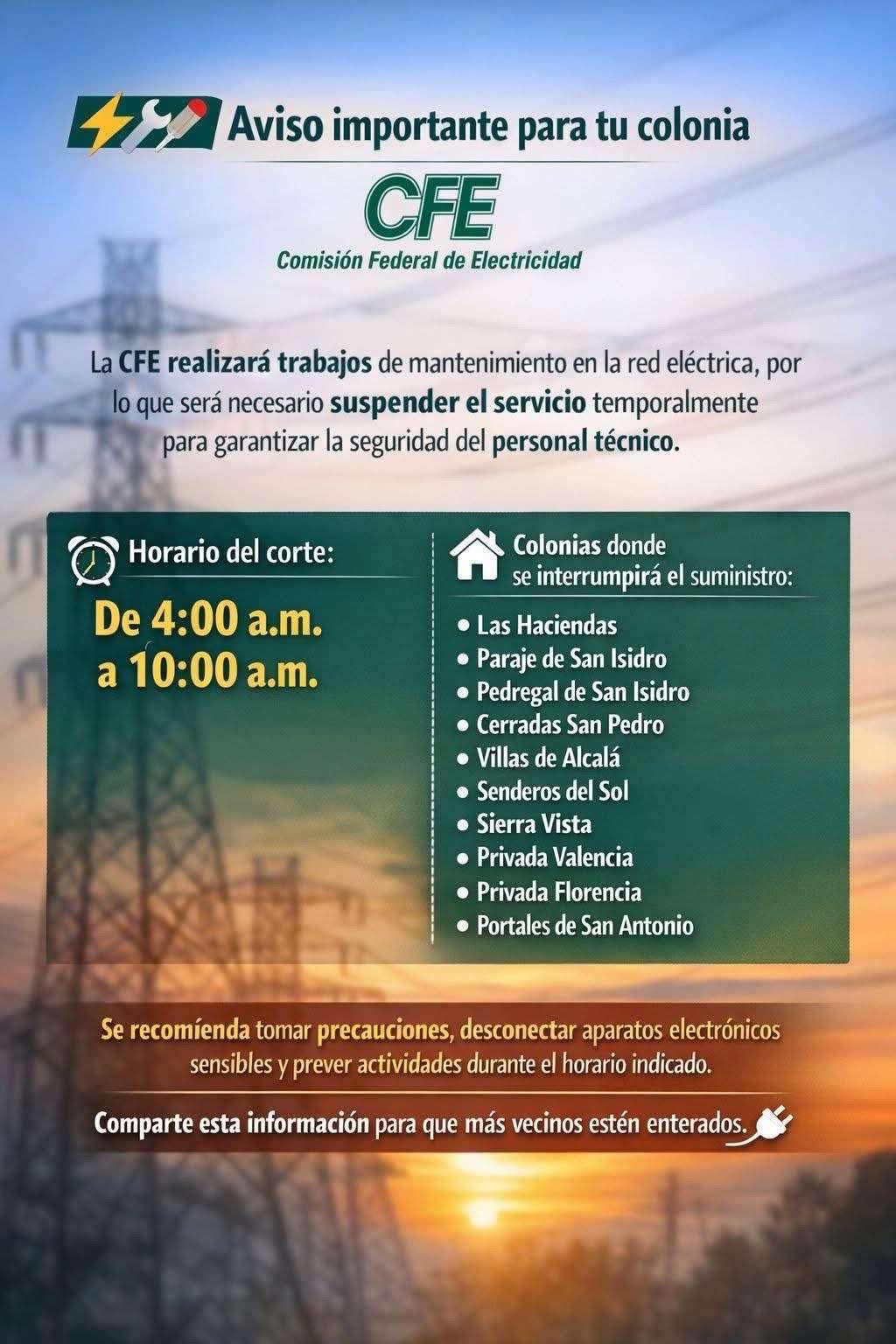 Suspenderán servicio eléctrico en varias colonias; afectará operación de pozos de agua