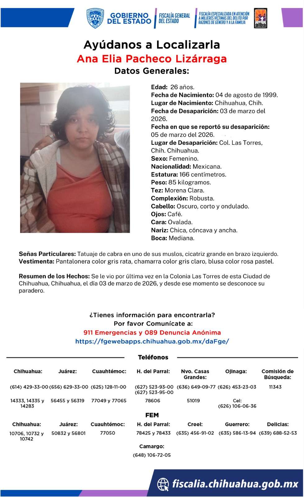 Buscan a Ana Elia Pacheco desaparecida en Las Torres