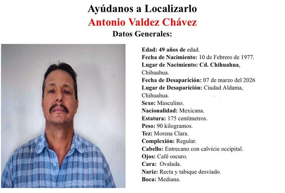 Buscan a Antonio Valdez Chávez; desapareció este sábado en Aldama