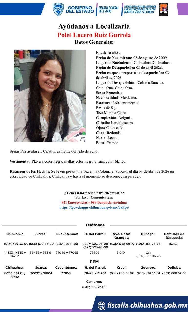 Desaparece jovencita en la colonia el Saucito 