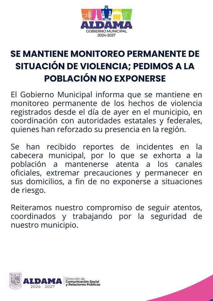 Refuerzan vigilancia en Aldama ante ola de violencia; piden no salir de casa