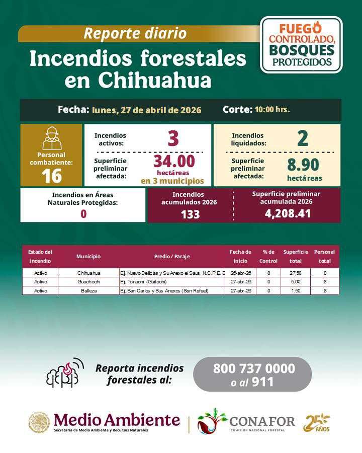 Combaten tres incendios forestales activos en el estado
