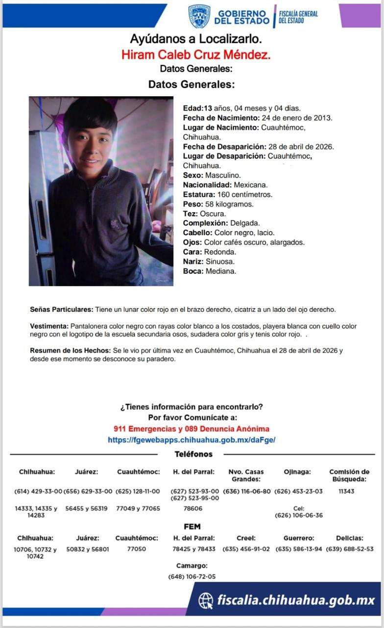 Buscan a jovencito desaparecido en Cuauhtémoc 