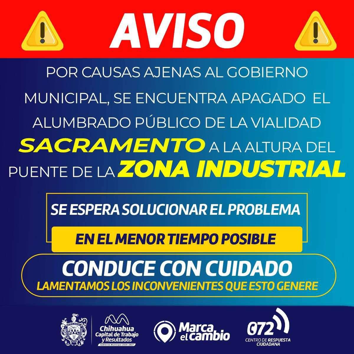 Piden precaución por falta de alumbrado en la Sacramento 