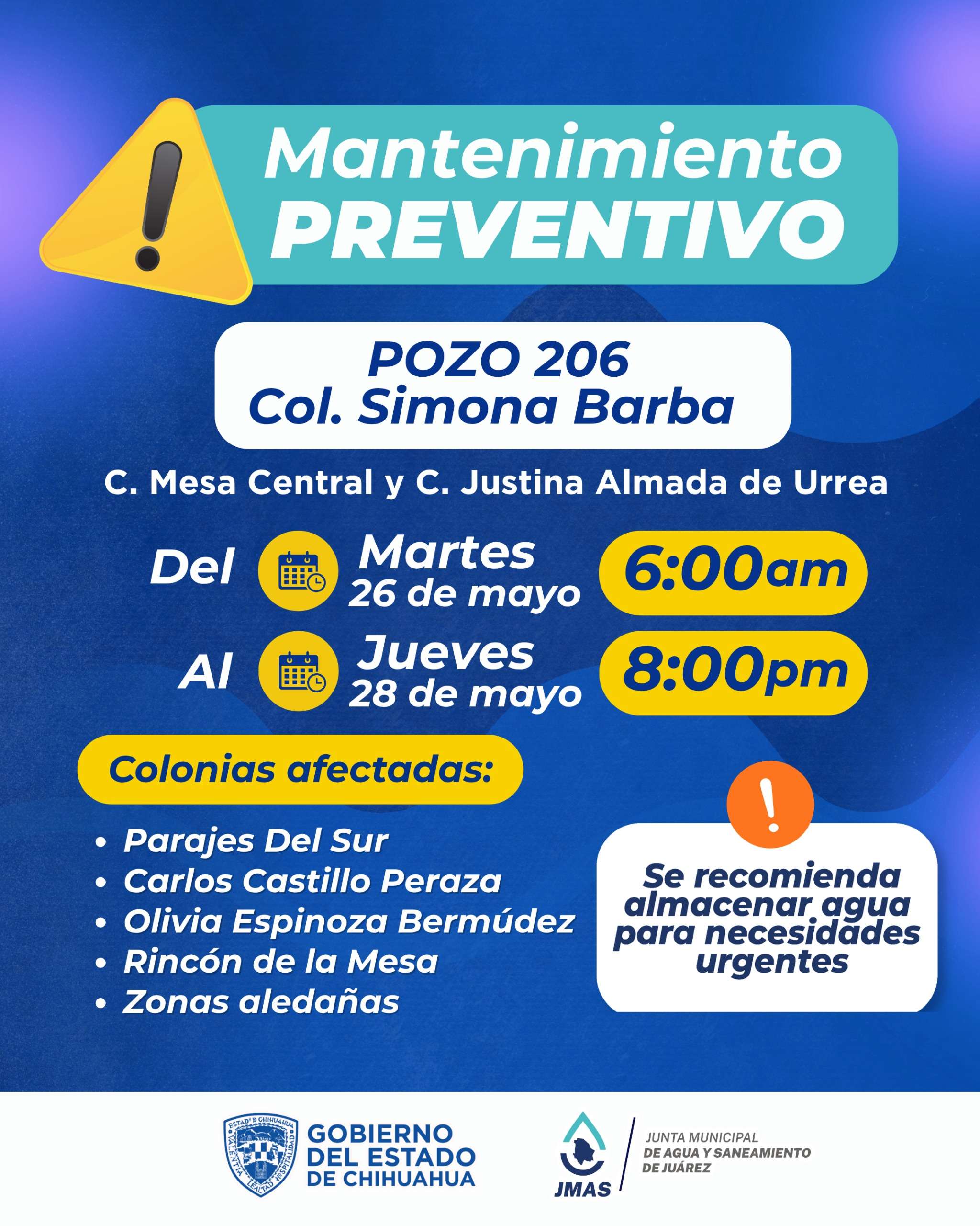 Tendrán suspensión de agua en la Simona Barba por trabajos preventivos