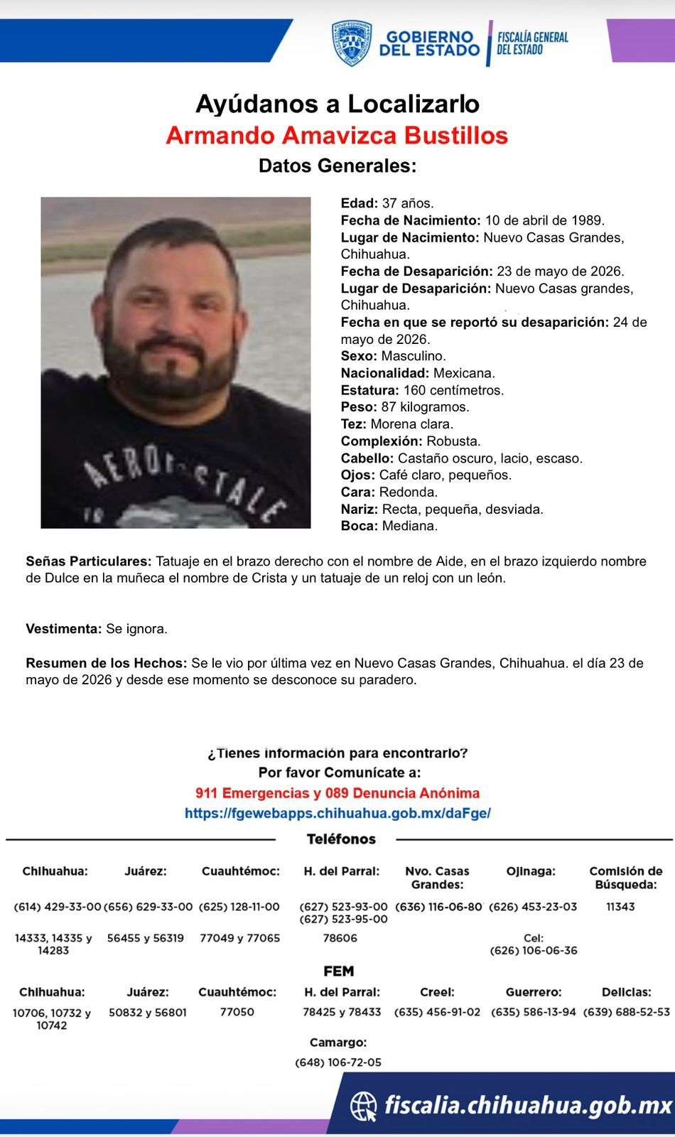 Buscan a Armando Amavizca desaparecido en Nuevo Casas Grandes 