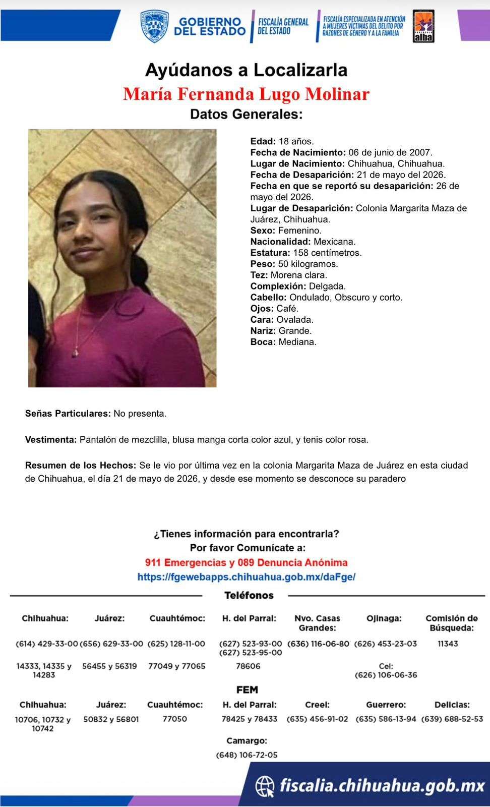 Desaparece jovencita en la colonia Margarita Maza de Juárez