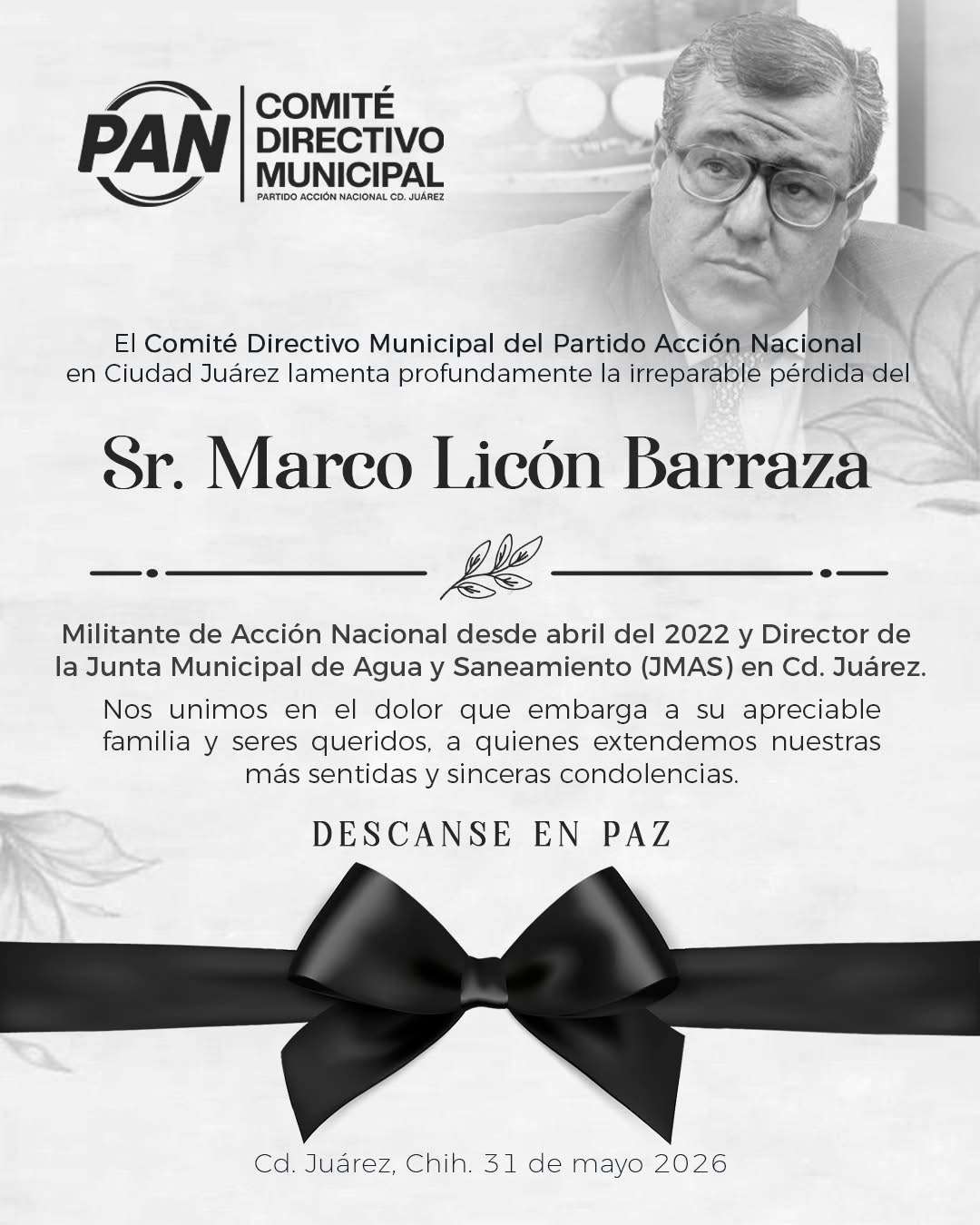 Lamenta PAN fallecimiento de Marco Licón, director de la JMAS