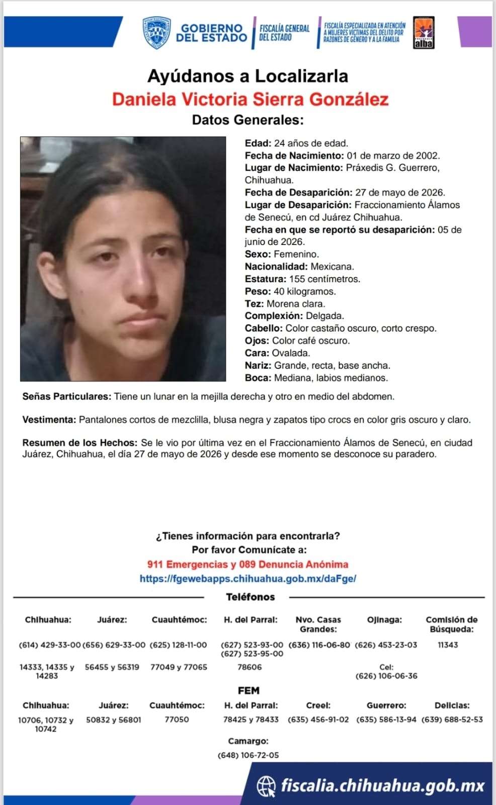 Buscan a Daniela Victoria Sierra González; desapareció en Álamos de Senecú