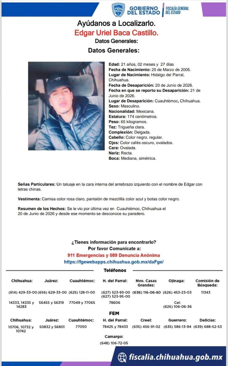 Buscan a Edgar Uriel Baca desaparecido en Cuauhtémoc