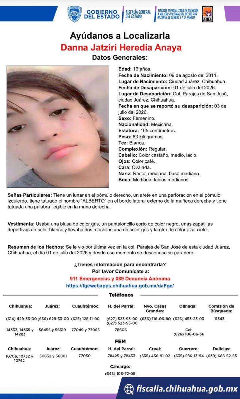 Buscan a adolescente de 16 años desaparecida en Parajes de San José