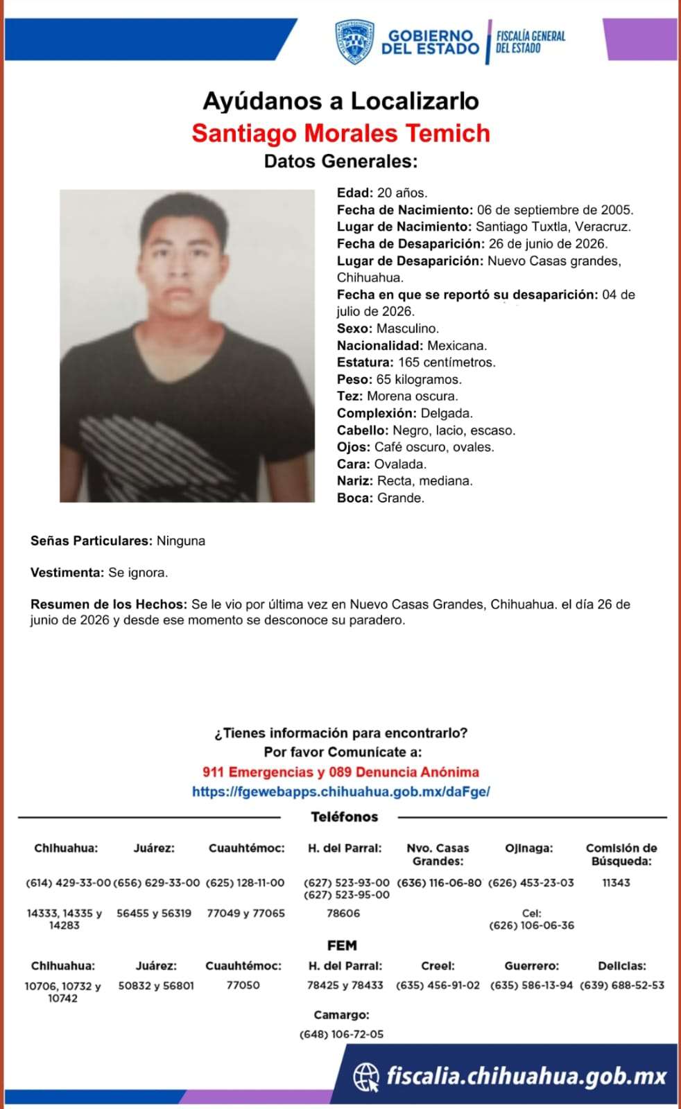 Buscan a joven desaparecido en Nuevo Casas Grandes