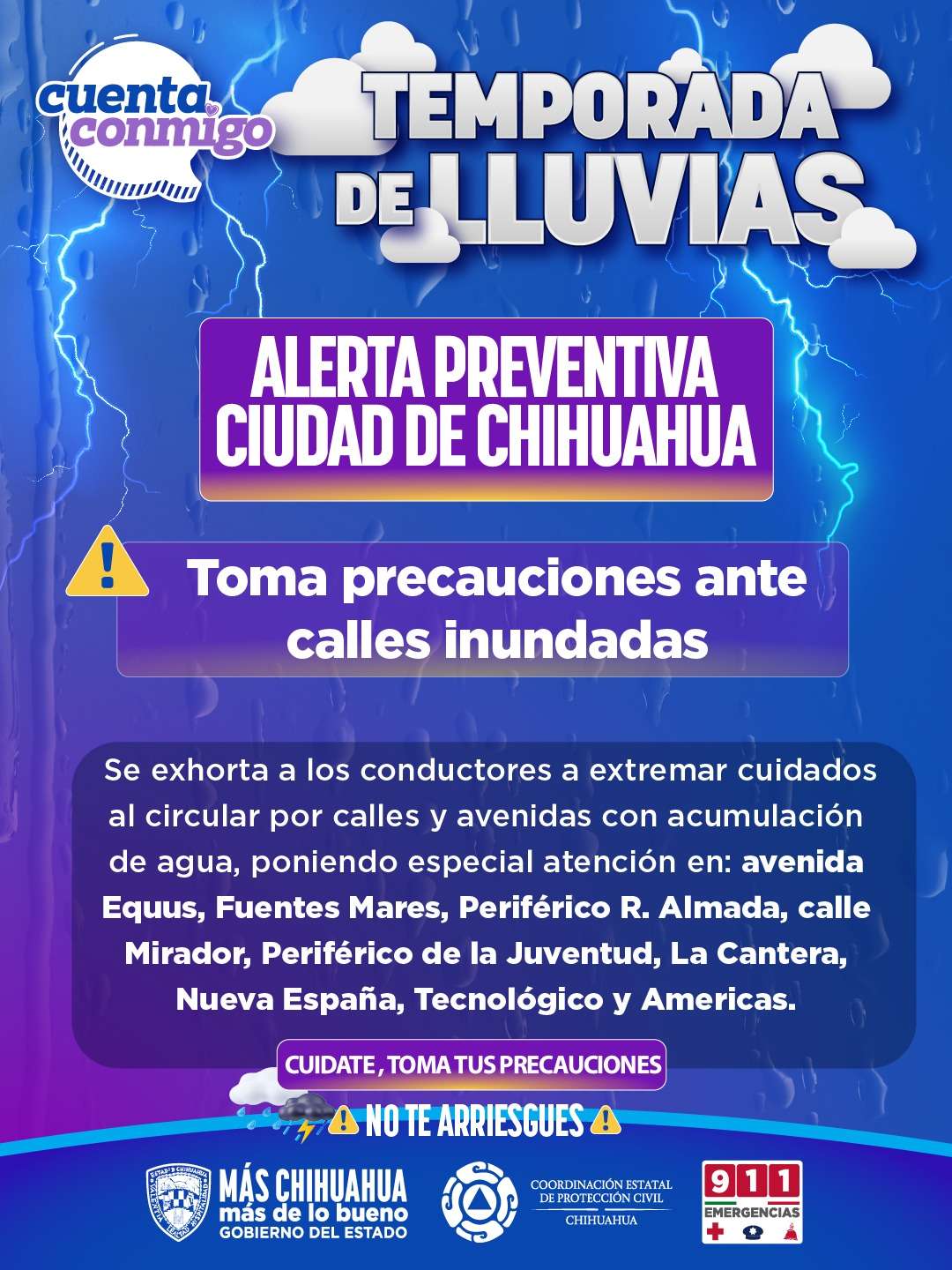 Piden precaución en 8 calles de Chihuahua por acumulación de agua