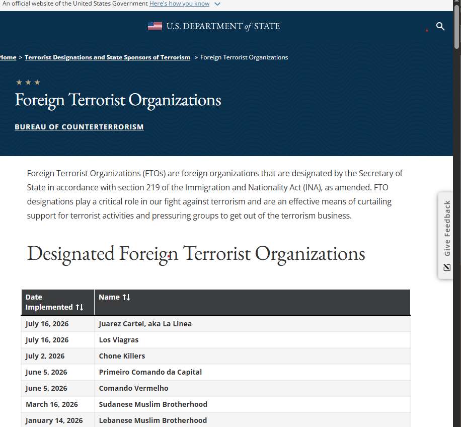 Publica Estados Unidos lista actualizada de Organizaciones Terroristas