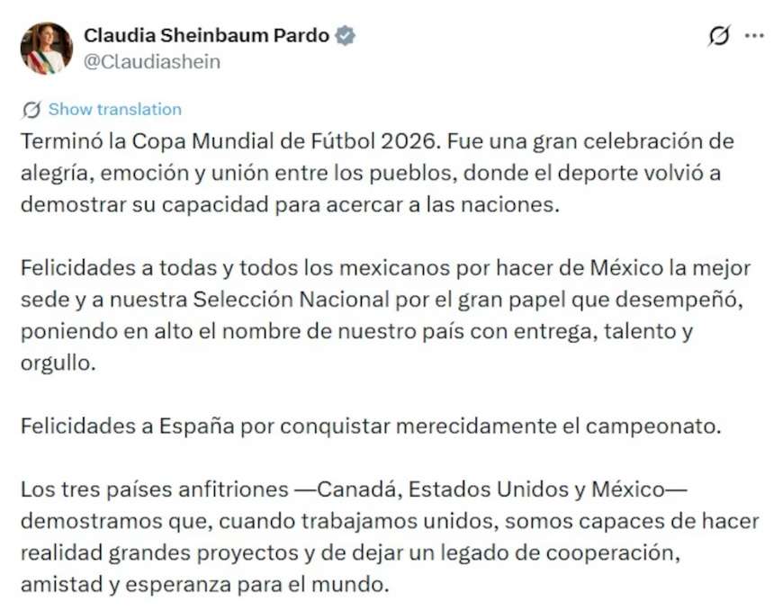 Claudia Sheinbaum felicita a España tras conquistar el Mundial 2026
