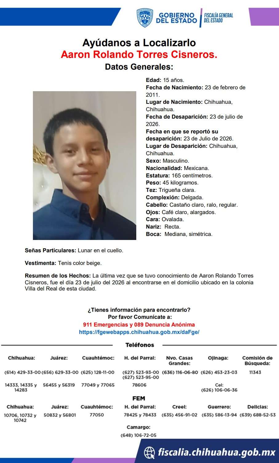 Desaparece jovencito en colonia Villa del Real