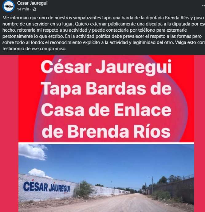 Se disculpa Jáuregui con Brenda Ríos por barda pintada con su nombre