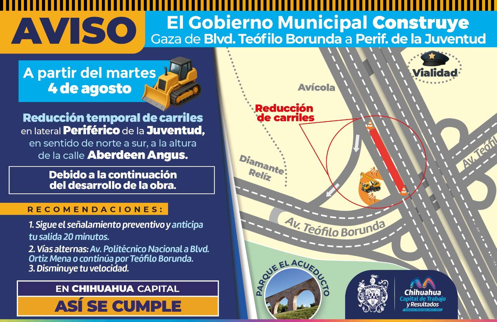 Reducirán carriles en tramo de lateral periférico de la Juventud