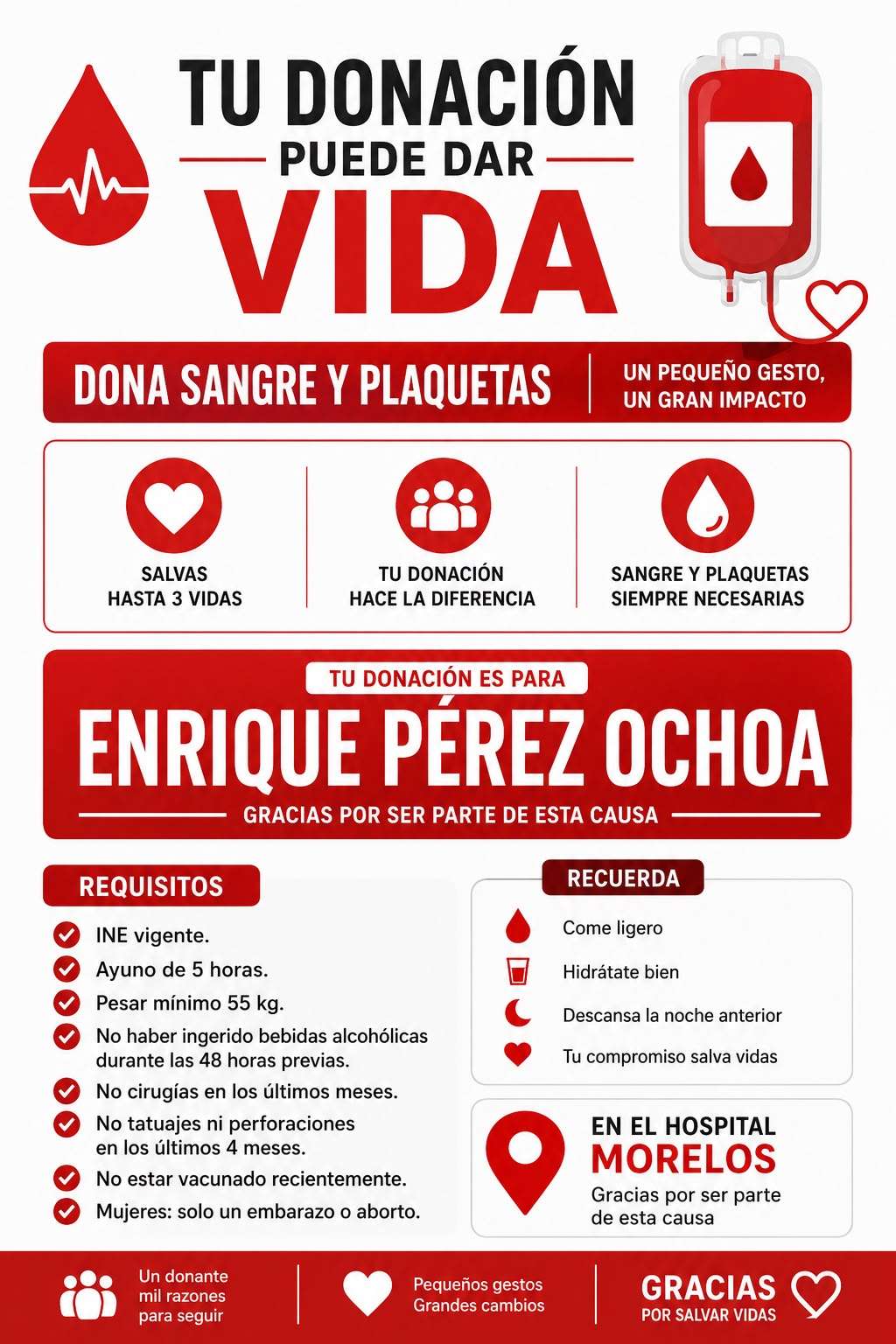 Piden donar sangre y plaquetas para Enrique Pérez Ochoa