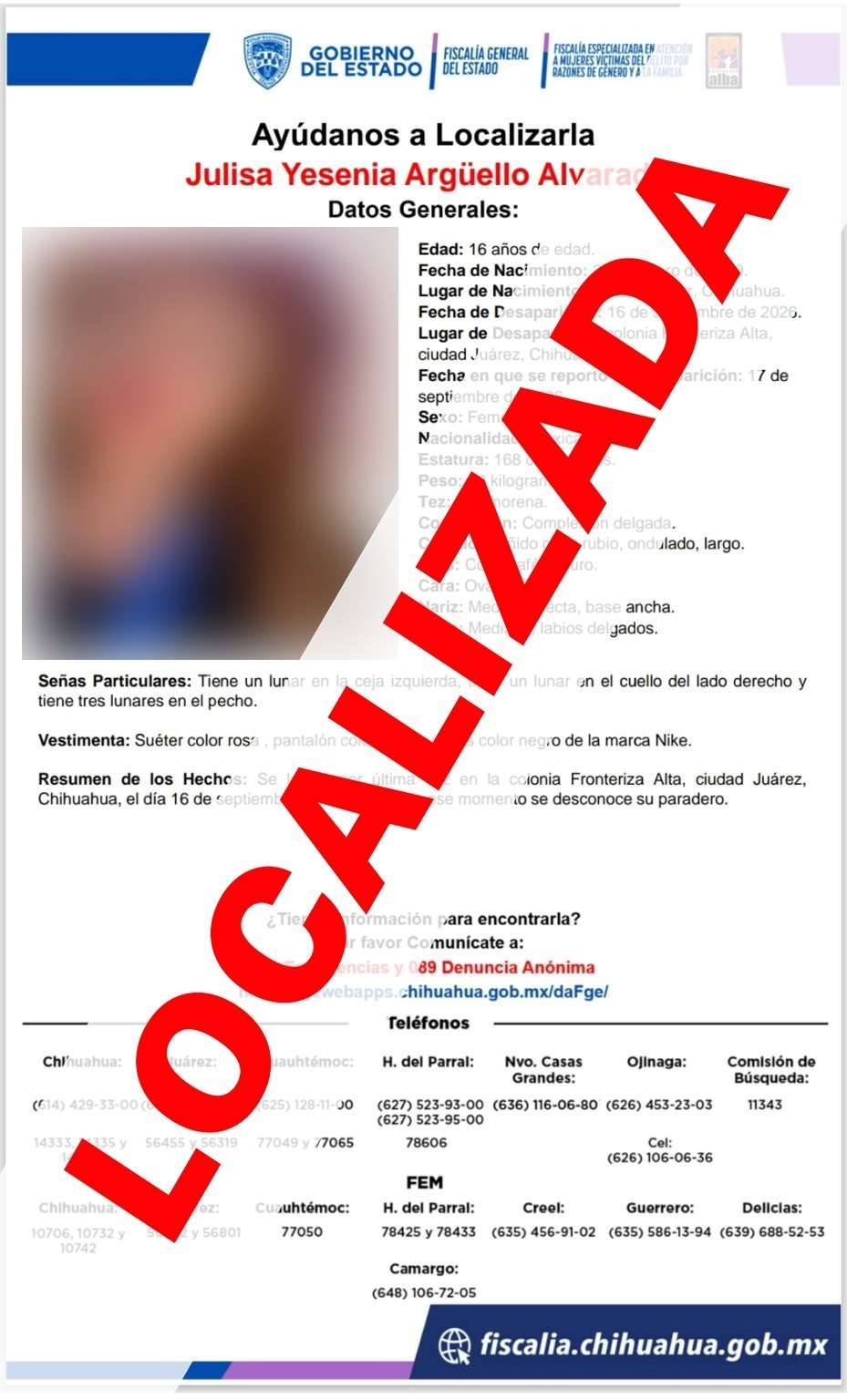 Localizan sana y salva a adolescente desaparecida el 16 de septiembre