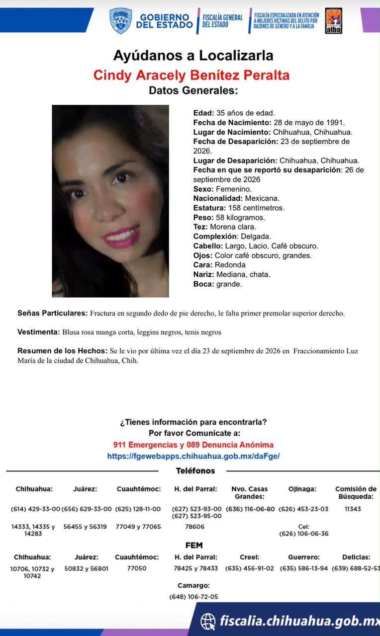 Solicitan apoyo para localizar a Cindy Aracely Benítez Peralta