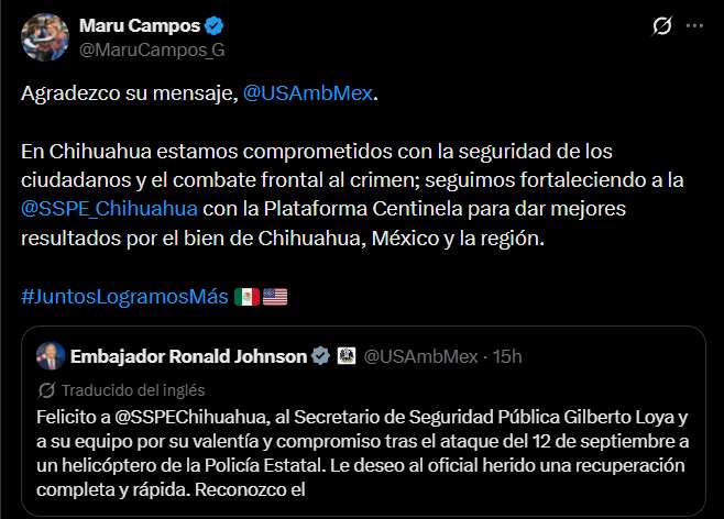 Agradece Maru reconocimiento a embajador de EU 