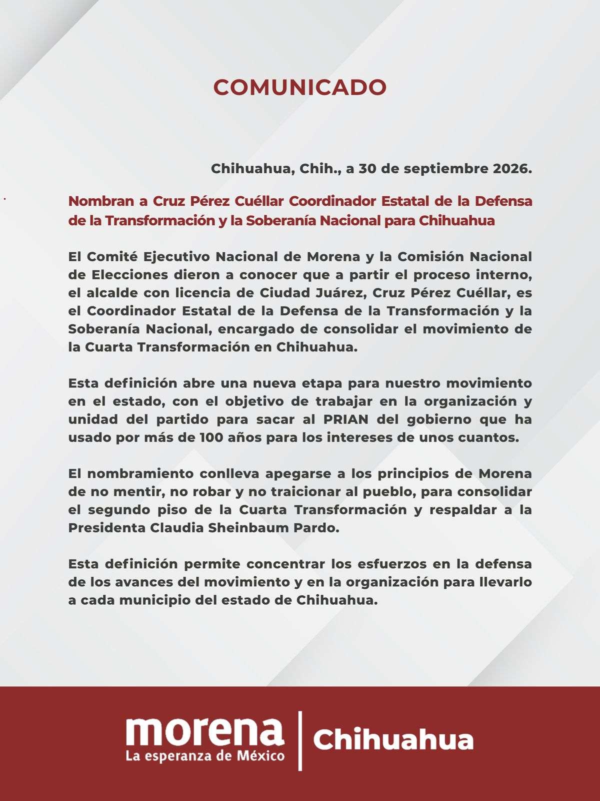 Oficializa Morena a Cruz para encabezar la 4T en Chihuahua
